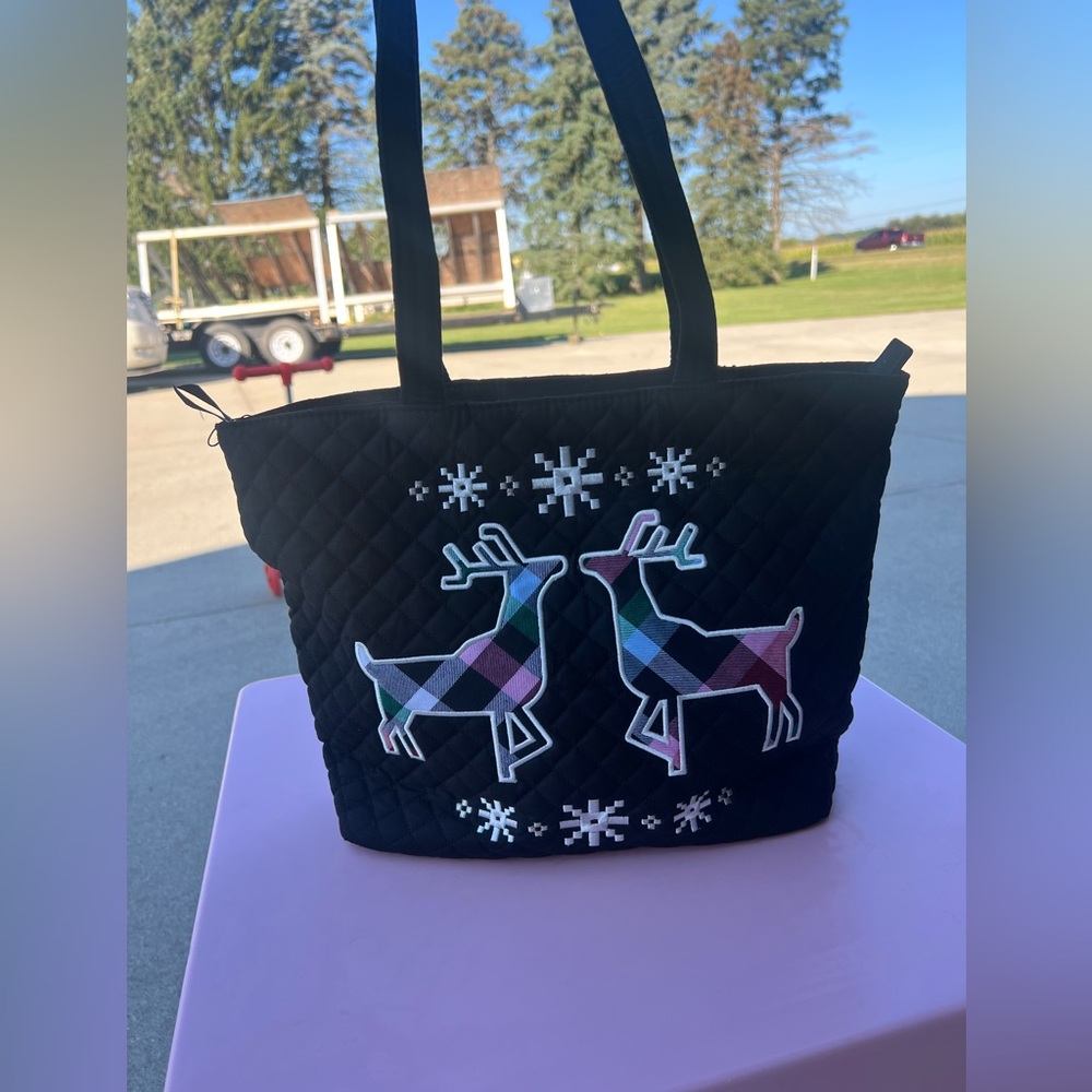 Vera Bradley black deer snowflake winter tote zip top checked great condition